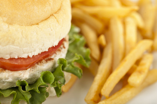 macro image of hamburger and fries