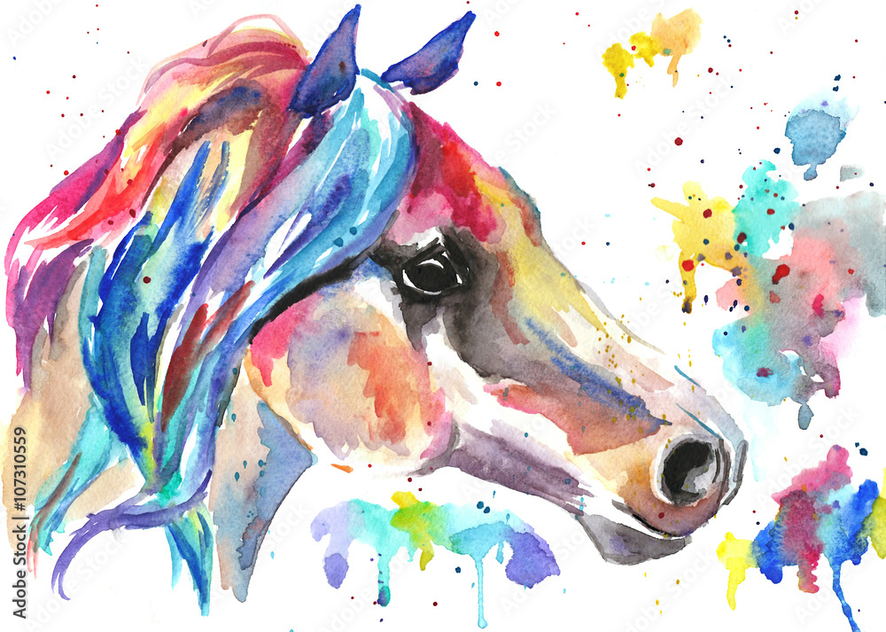 Wall mural horse head. color watercolor illustration. hand drawn