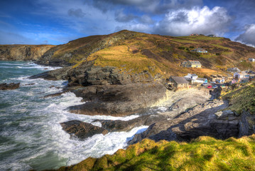 English coast village with waves Trebarwith Strand Cornwall England UK between Tintagel and Port...