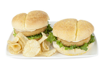 crispy burger sandwiches and chips