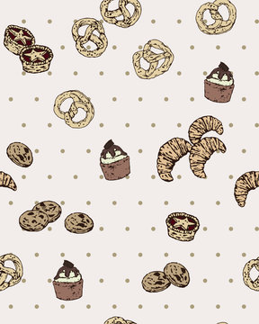 Isolated Cupcake, Chocolate Chip Cookies,  Croissant, Sweet Tarts and Pretzels Doodle Seamless Pattern Vector.