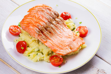 Salmon, Tomato and Smashed Potato with  Spring Onion and Coriander