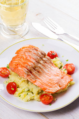 Salmon, Tomato and Smashed Potato with  Spring Onion and Coriander