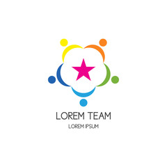 Logo of community of motivated colorful people around star. Vector circle icon of team work and team building. Vector template.