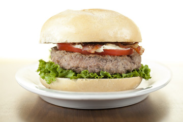 a plate of chicken hamburger with lettuce and slice tomato