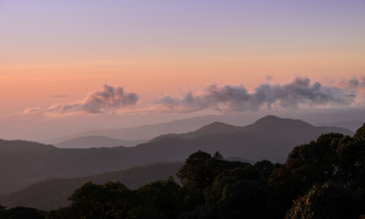 Nature landscape view of sunrise sky with mountain ranges