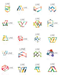 Set of linear abstract logos, connected multicolored segments lines in geometrical figures