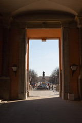 View from the yard of the Mikhailovsky Castle to the street in St. Petersburg, Russia