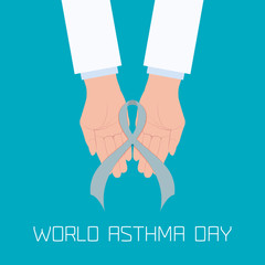 World Asthma Day concept with doctor's hands holding a grey ribbon. Helping hand. Bronchial asthma awareness sign. National asthma day. Asthma solidarity day. Vector illustration.