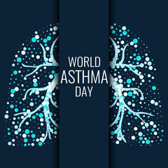 World Asthma Day. Asthma awareness poster with lungs filled with air bubbles on dark background. Bronchial asthma symbol. National asthma day. Asthma solidarity day. Lungs banner. - obrazy, fototapety, plakaty