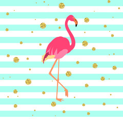Naklejka premium Ilustracja wektorowa różowego flaminga na zielonym i niebieskim tle w paski ze złotymi kropkami. Egzotyczny ptak wykonany w stylu płaski. Płaski symbol ptaka flamingo. Ikona Flamingo. Koncepcja dzikiej przyrody.