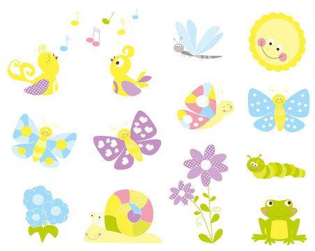 set of cute cartoon nature objects : flowers, singing birds, flying, butterflies / joyful collection of spring vectors for children