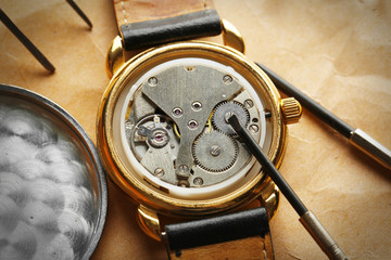 Mechanism of retro watch closeup
