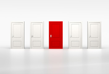 Concept of individuality and opportunity. Red door in row of whi