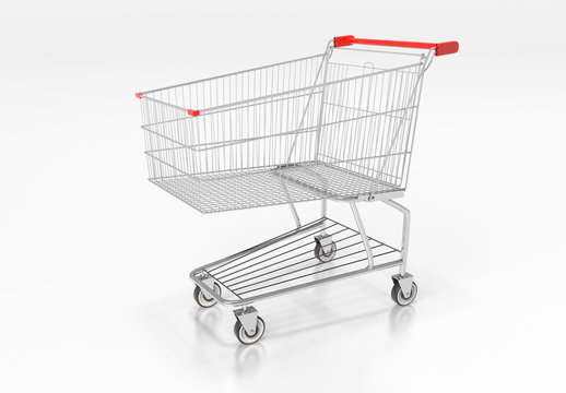 Shopping cart with red handle on white background. 3d render
