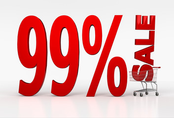 Big red ninety nine percent discount sign in shopping trolley on