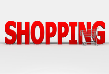 Big red word Shopping and shopping cart on white background