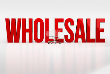 Big red word wholesale on white background next to shopping cart