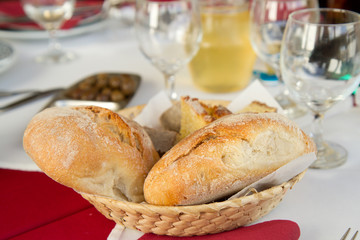 bread in dish and glasses of wine