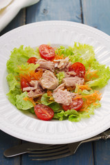 tuna salad on white plate on blue background