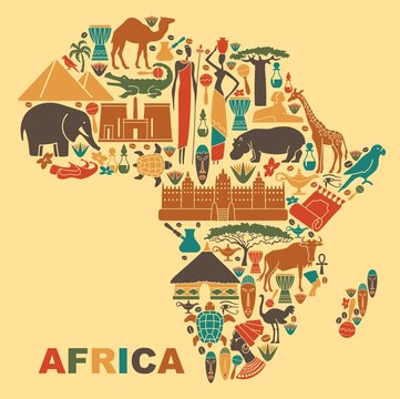 Traditional symbols of Africa in the form of a map