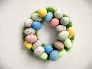Easter wreath made of colorful eggs and green grass. Realistic 3