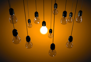 Background with hanging incandescent bulbs on cables