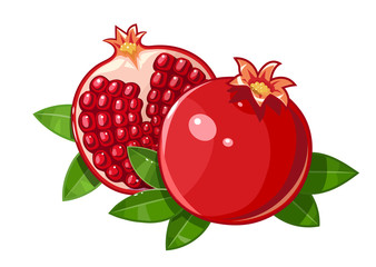 Couple juicy ripe pomegranate fruit stylized leaf