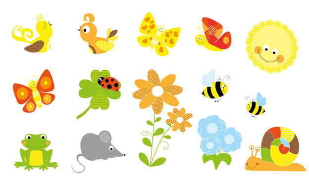 set of cute little creatures and nature elements /spring, summer/ - vectors for children 