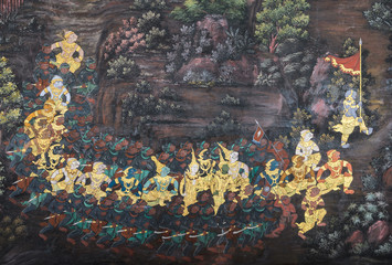 Traditional Thai paintings of Ramayana epic at Wat Phra Kaew in Bangkok, Thailand