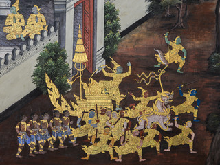 Traditional Thai paintings of Ramayana epic at Wat Phra Kaew in Bangkok, Thailand