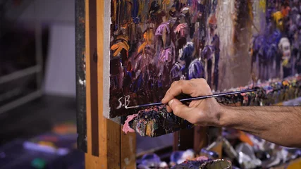 Fotobehang Schilderij Painter artist signing finished oil canvas set  © kustvideo