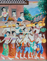 Native Thai mural painting of Rocket festival © boonsom