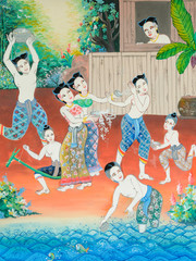 Naklejka premium Native Thai mural painting of Songkran festival