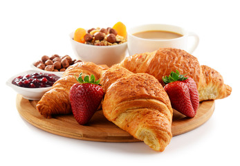 Breakfast on the cutting board isolated on white