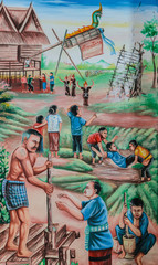 Fototapeta premium Native Thai mural painting of Rocket festival