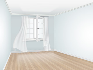 Fototapeta premium Empty room with blue wall and open window. Window decorated with transparent curtains. Vector interior perspective.