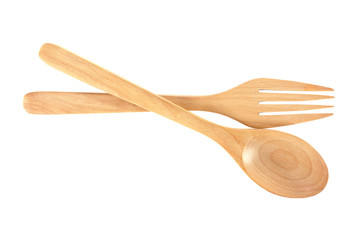 Wooden spoon and fork isolated on white background