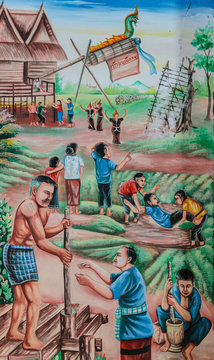 Native Thai mural painting of Rocket festival
