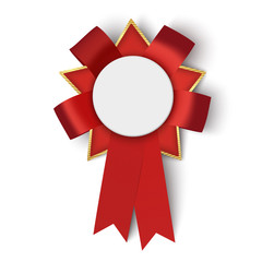 Realistic red fabric award ribbon with blank space. Vector illustration.