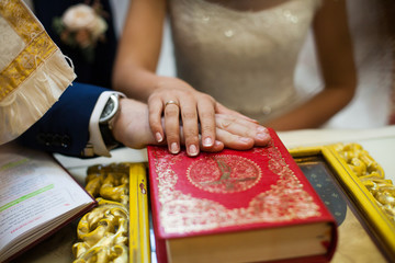 wedding ceremony of stylish elegant brunette bride and groom win