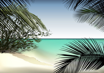Tropical Beach with Palm Leafs - Background Illustration, Vector
