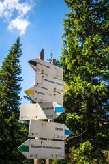 Direction sign on mountain trail, High Tatras, Poland - obrazy, fototapety, plakaty