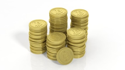3D rendering of golden Bitcoin stacks, on white background.