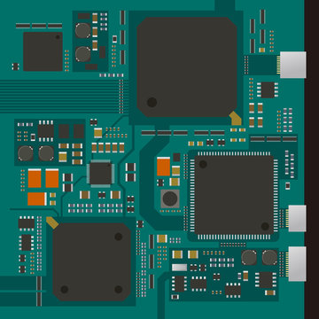 electric circuit board, various IC chips and electronic components, vector illustration