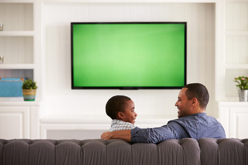 Father and son watching TV looking at each other, back view