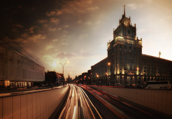Fototapeta na wymiar Sunset cityscape Moscow Mayakovskaya