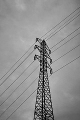 Tall electricity pylon leading high electric current in black ad white color
