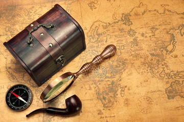 Travel Still Life Objects On Vintage Old Map Background