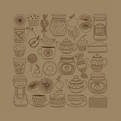Set of coffee, tea, and food icons Doodle style